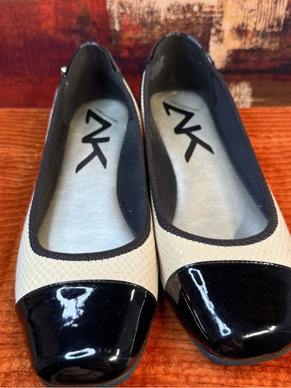 Anne Klein Black and Cream Cap-Toe Ballet Flats with Patent Detail